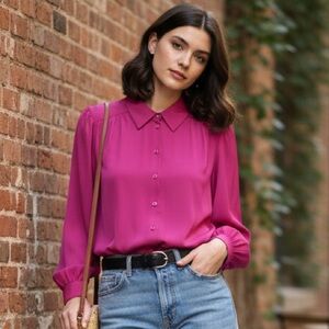 Vintage D’Allaird’s Fuchsia Pleated Blouse | Made in Canada | Size 14 | Medium